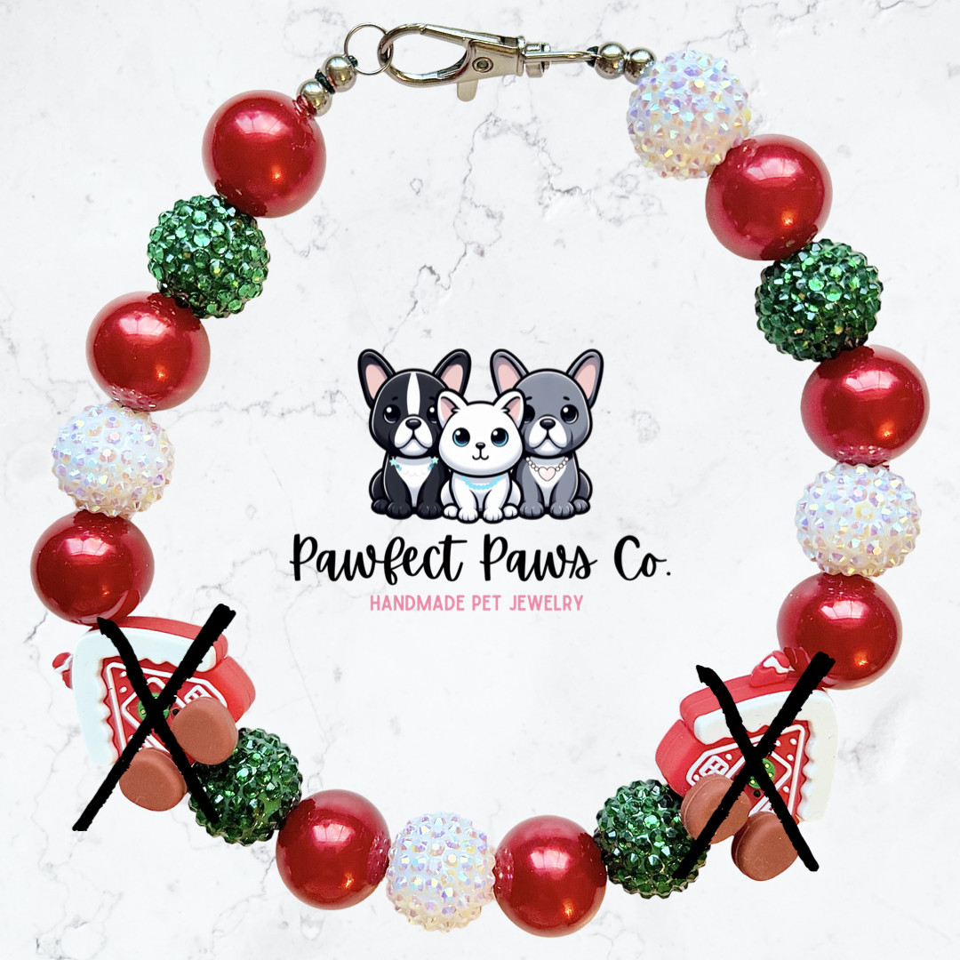 Cozy Cabin* Red, White & Green Sparkle Christmas Gingerbread House Custom Beaded Dog/Cat Necklace!
