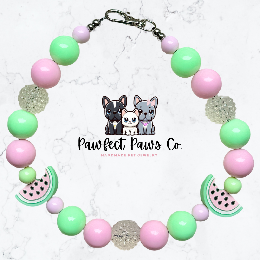 ¡Collar para perro o gato con cuentas personalizado en color sandía brillante rosa, verde y transparente Melon Crush*!