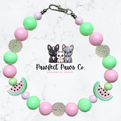 Melon Crush* Pink, Green & Clear Sparkle Watermelon Custom Beaded Dog/Cat Collar Necklace!