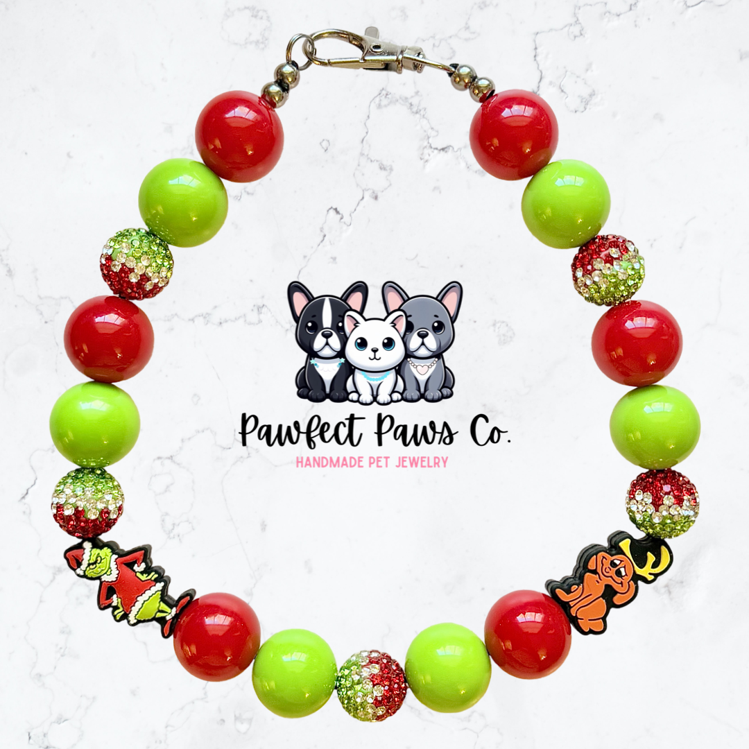 Team Grinch* Green & Red Sparkle Christmas Grinch Max Custom Beaded Dog/Cat Necklace!