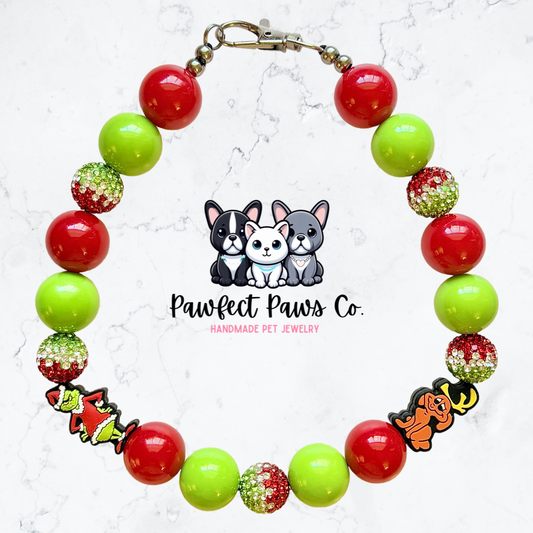 Team Grinch* Green & Red Sparkle Christmas Grinch Max Custom Beaded Dog/Cat Necklace!