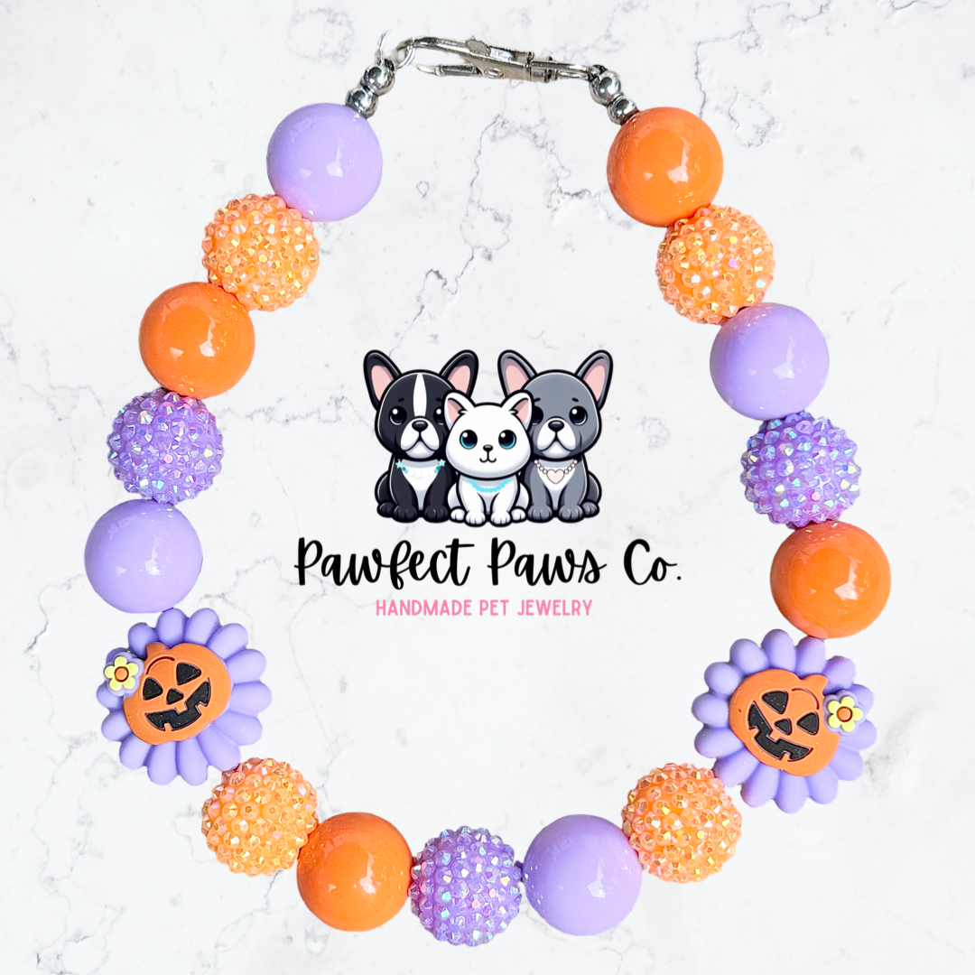Jack-O-Cutie* Purple & Orange Sparkle Pumpkin Flower Halloween Custom Beaded Dog/Cat Necklace!