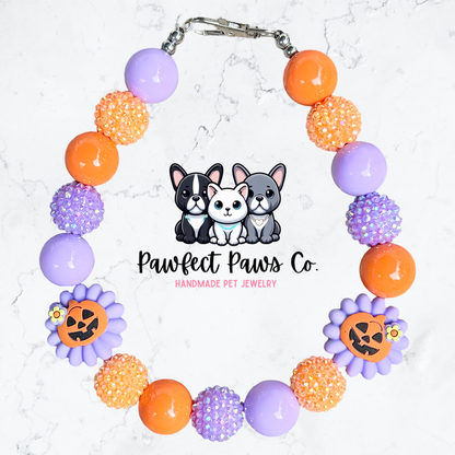 Jack-O-Cutie* Purple & Orange Sparkle Pumpkin Flower Halloween Custom Beaded Dog/Cat Necklace!