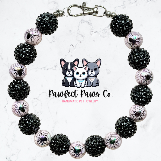 Tangled Web* Pink & Black Sparkle Halloween Spider Custom Beaded Dog/Cat Collar Necklace!