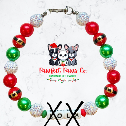 Santa’s Helper* Red, Green & White Sparkle Name Custom Beaded Dog/Cat Necklace!