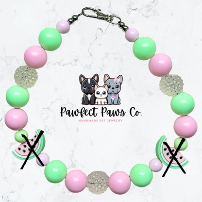 ¡Collar para perro o gato con cuentas personalizado en color sandía brillante rosa, verde y transparente Melon Crush*!