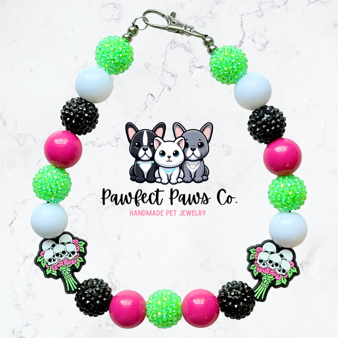 Dead Roses* White, Pink, Black & Green Sparkle Skull Flowers Custom Beaded Dog/Cat Necklace!