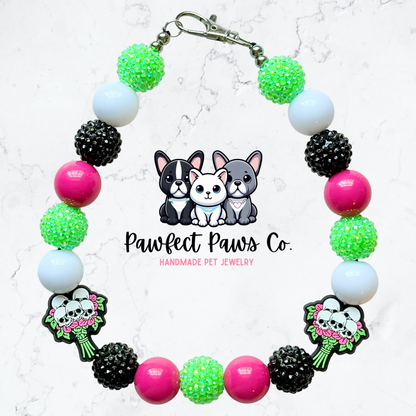 Dead Roses* White, Pink, Black & Green Sparkle Skull Flowers Custom Beaded Dog/Cat Necklace!
