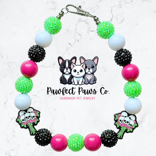 Dead Roses* White, Pink, Black & Green Sparkle Skull Flowers Custom Beaded Dog/Cat Necklace!