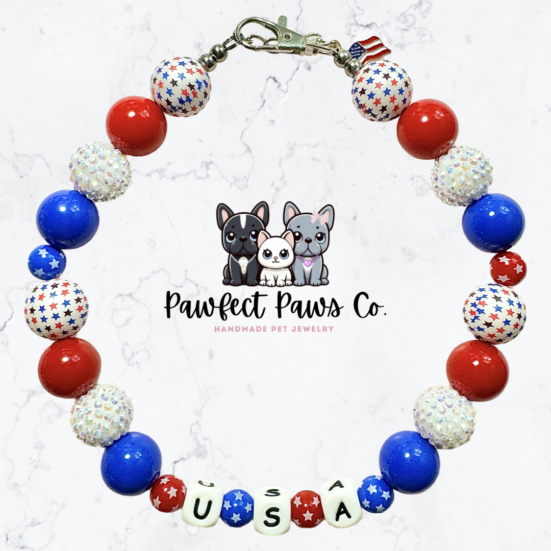 Pawty in the USA* ¡Collar para perro o gato con cuentas personalizado en rojo, blanco y azul de América!