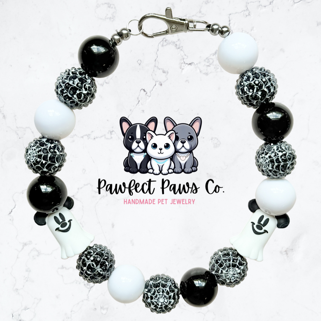 Mickey Boo* Black & White Sparkle Ghost Mouse Custom Beaded Dog/Cat Necklace!
