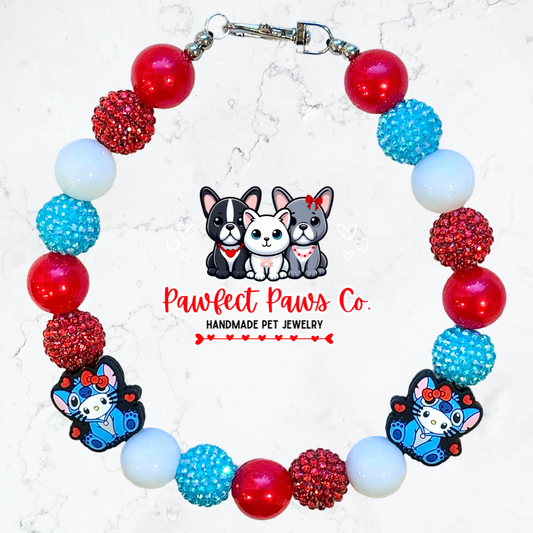 Hello Stitch Love* White, Blue & Red Sparkle Valentines Day Custom Beaded Dog/Cat Necklace!