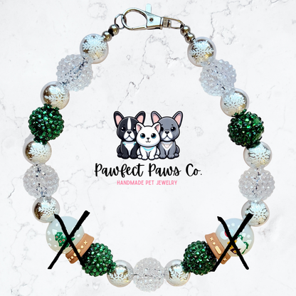 Snow Pretty* Silver & Green Sparkle Reversible SnowGlobe Custom Beaded Dog/Cat Necklace!
