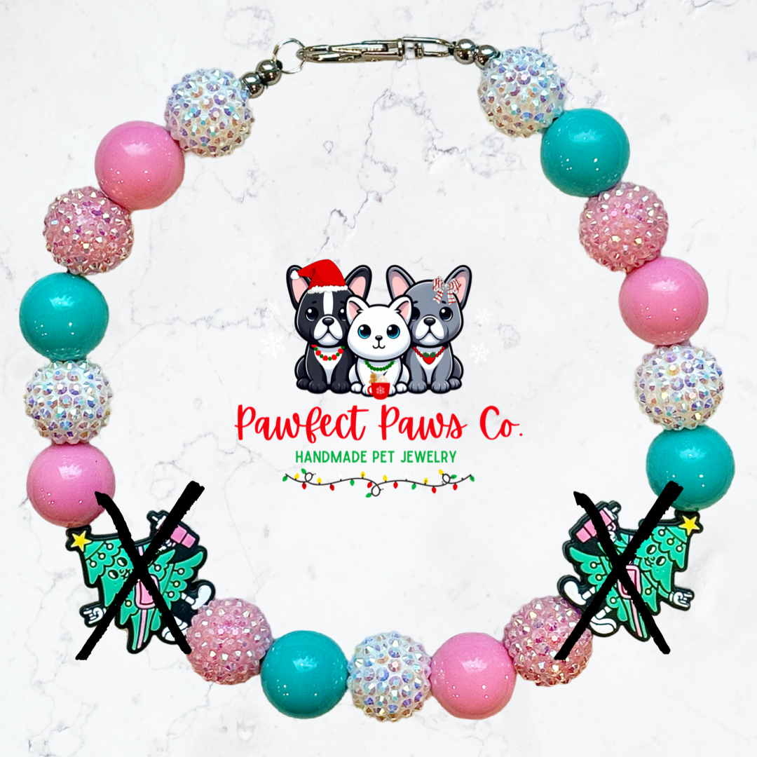 Holiday Sips* Teal, Pink & White Sparkle Christmas Tree Stanley Custom Beaded Dog/Cat Necklace