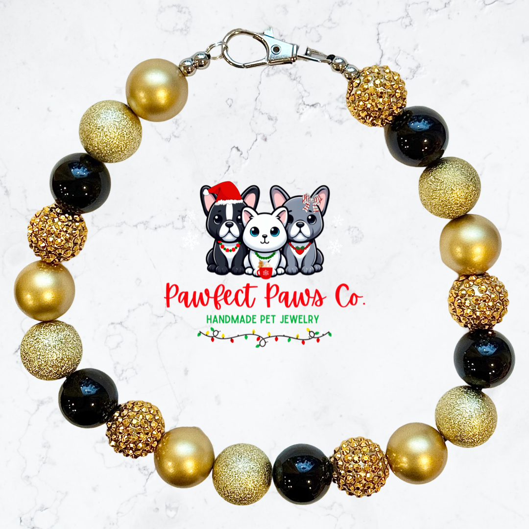 Midnight Kiss* Black & Gold Sparkle New Years Eve Custom Beaded Dog/Cat Necklace!