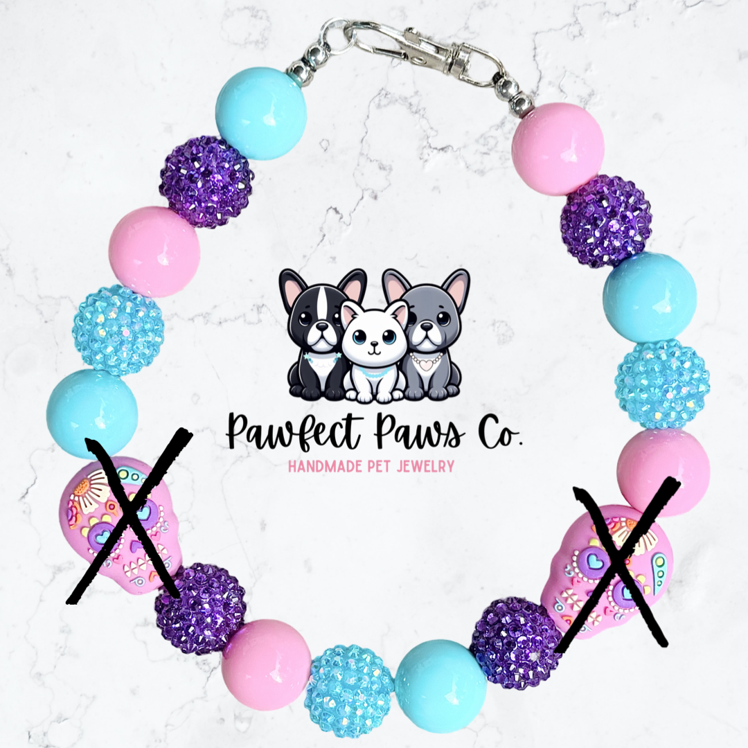 Paw de los Muertos* Pink, Purple & Blue Sparkle Sugar Skull Halloween Custom Beaded Dog/Cat Necklace!