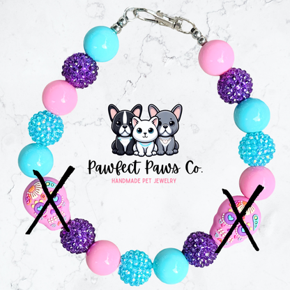 Paw de los Muertos* Pink, Purple & Blue Sparkle Sugar Skull Halloween Custom Beaded Dog/Cat Necklace!