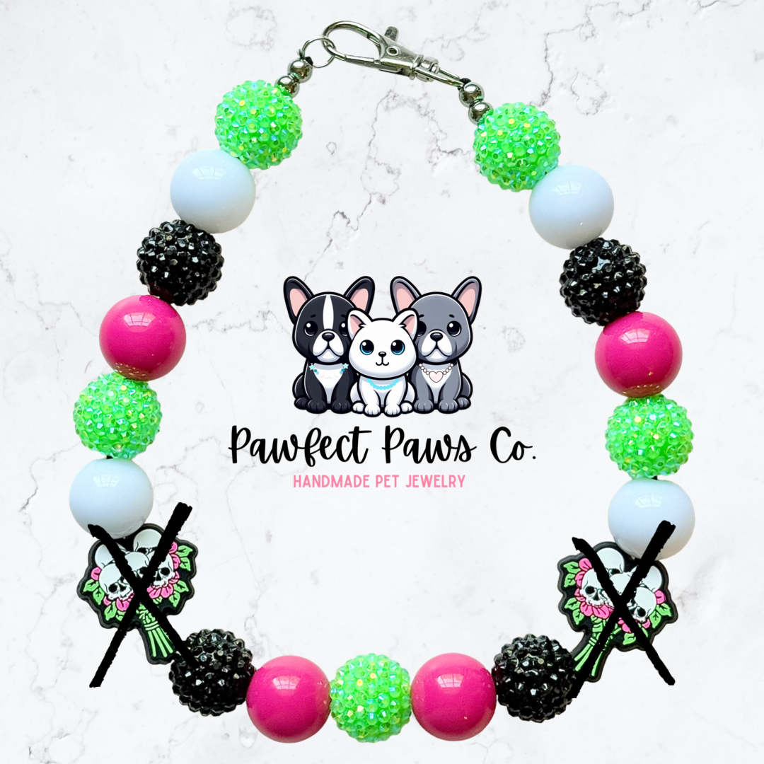 Dead Roses* White, Pink, Black & Green Sparkle Skull Flowers Custom Beaded Dog/Cat Necklace!