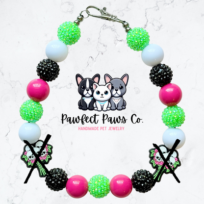 Dead Roses* White, Pink, Black & Green Sparkle Skull Flowers Custom Beaded Dog/Cat Necklace!