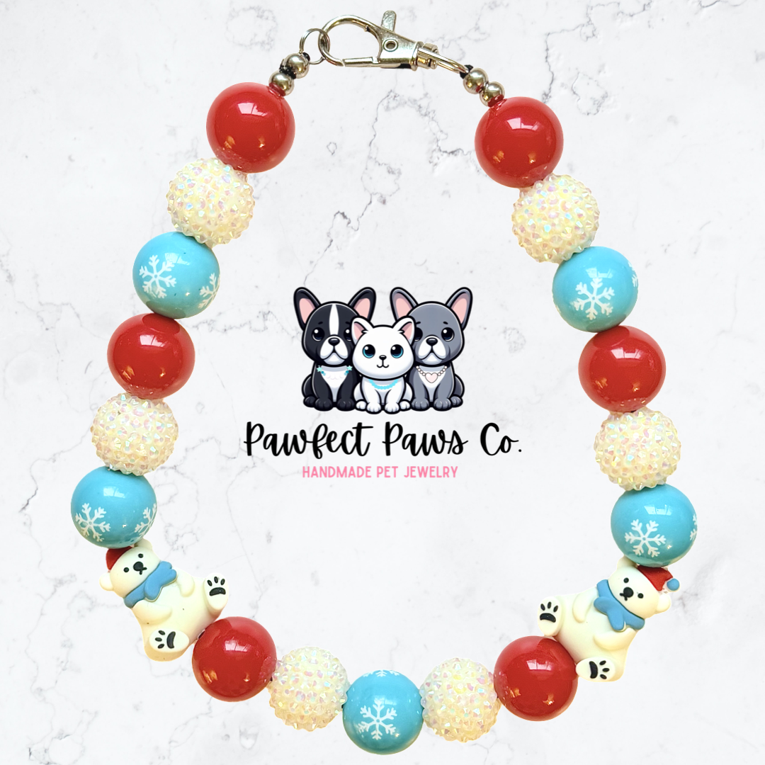 Beary Cold* Red & Blue Sparkle Polar Bear Winter Custom Beaded Dog/Cat Necklace!
