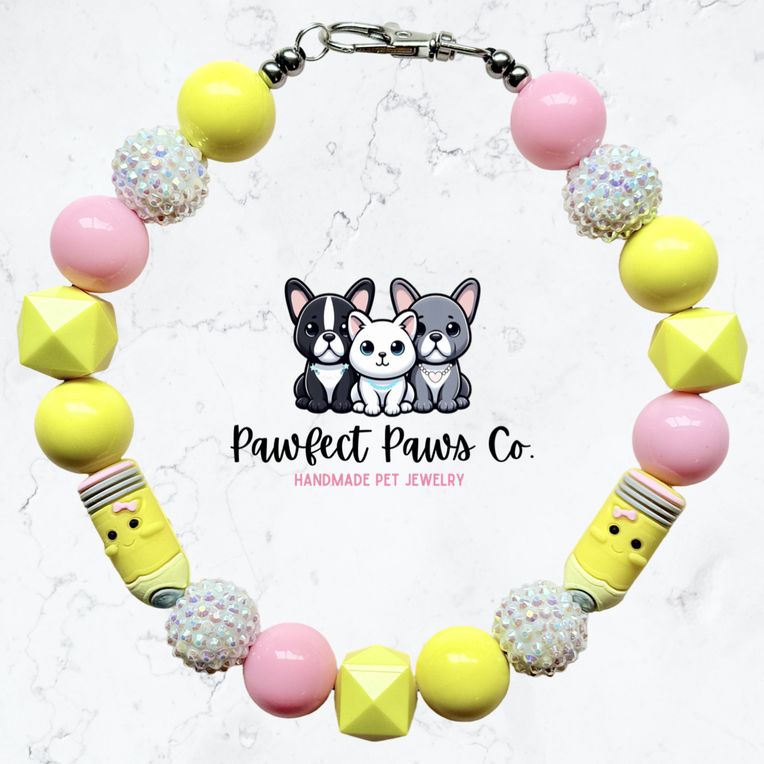 Pencil Me In* Yellow, Pink & White Sparkle Pencil Back to School Custom Beaded Dog/Cat Necklace!