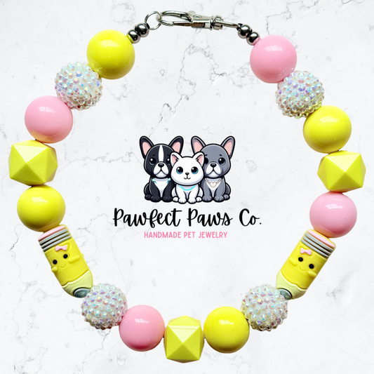 Pencil Me In* Yellow, Pink & White Sparkle Pencil Back to School Custom Beaded Dog/Cat Necklace!