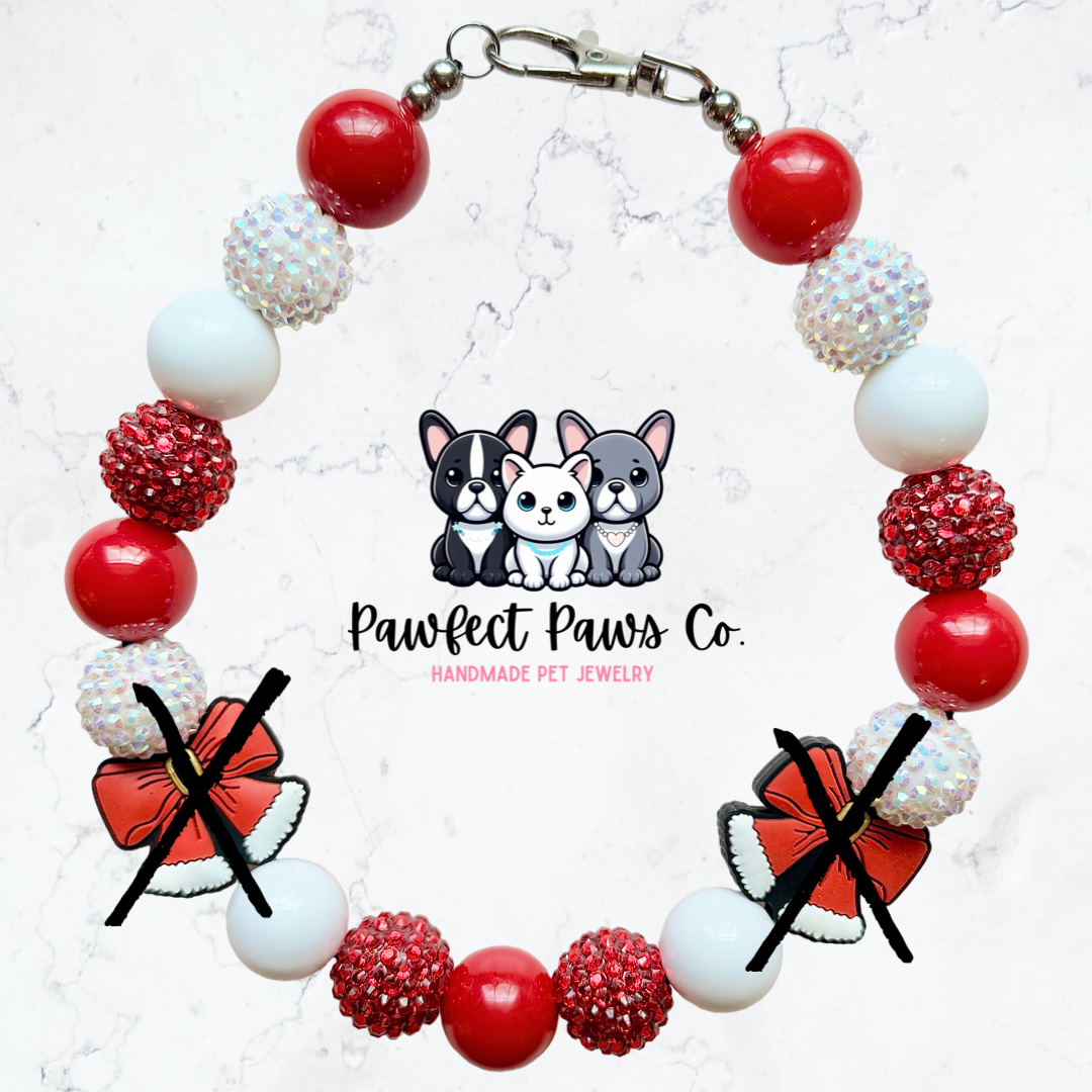 Coquette Claus* Red & White Sparkle Santa Bow Custom Beaded Dog/Cat Necklace!