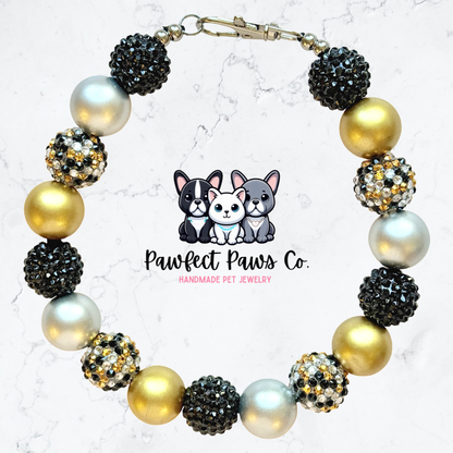 Countdown to Confetti* Black, Silver & Gold Sparkle New Years Eve Custom Beaded Dog/Cat Necklace!