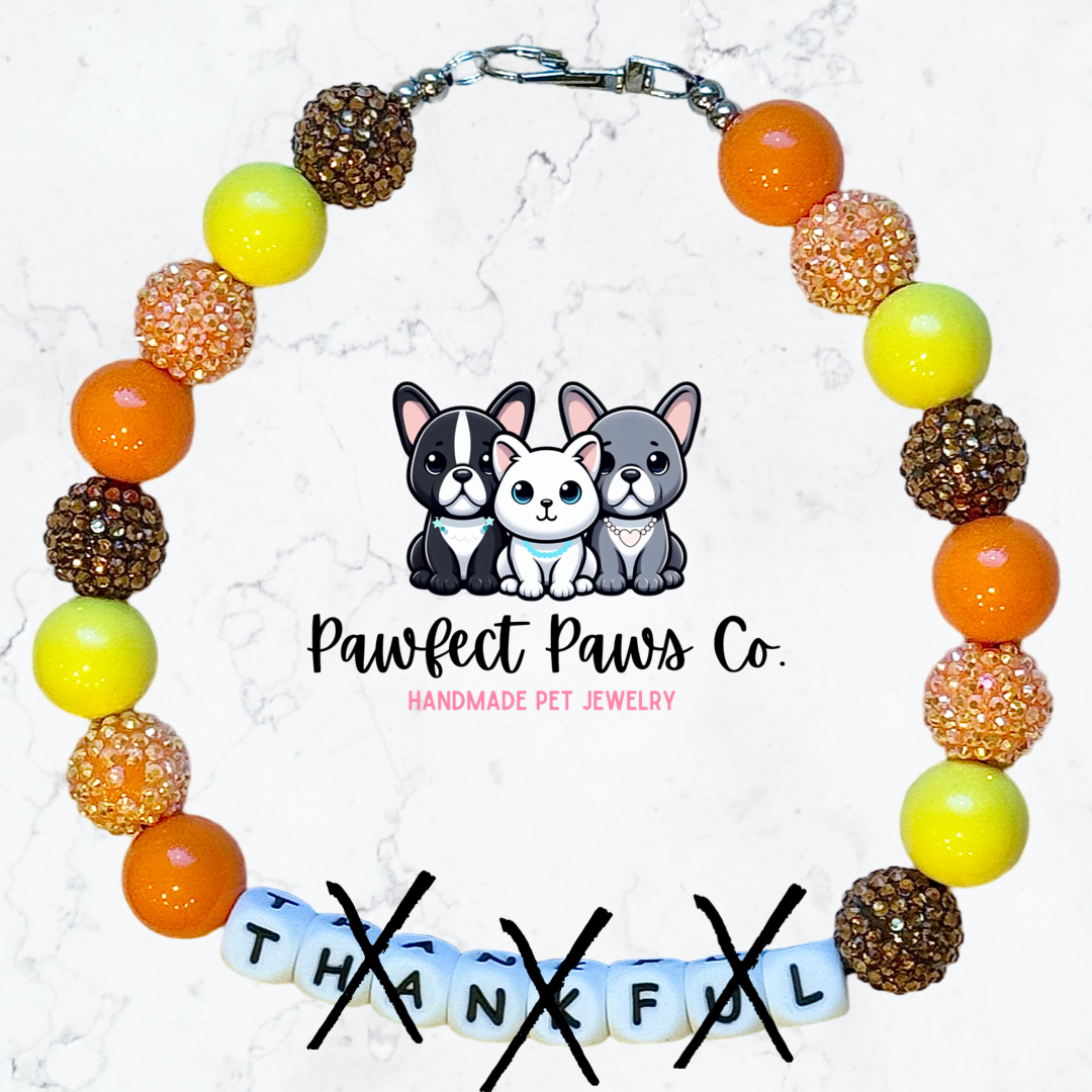 Thankful* Yellow, Brown & Orange Sparkle Thanksgiving Word Custom Beaded Dog/Cat Necklace