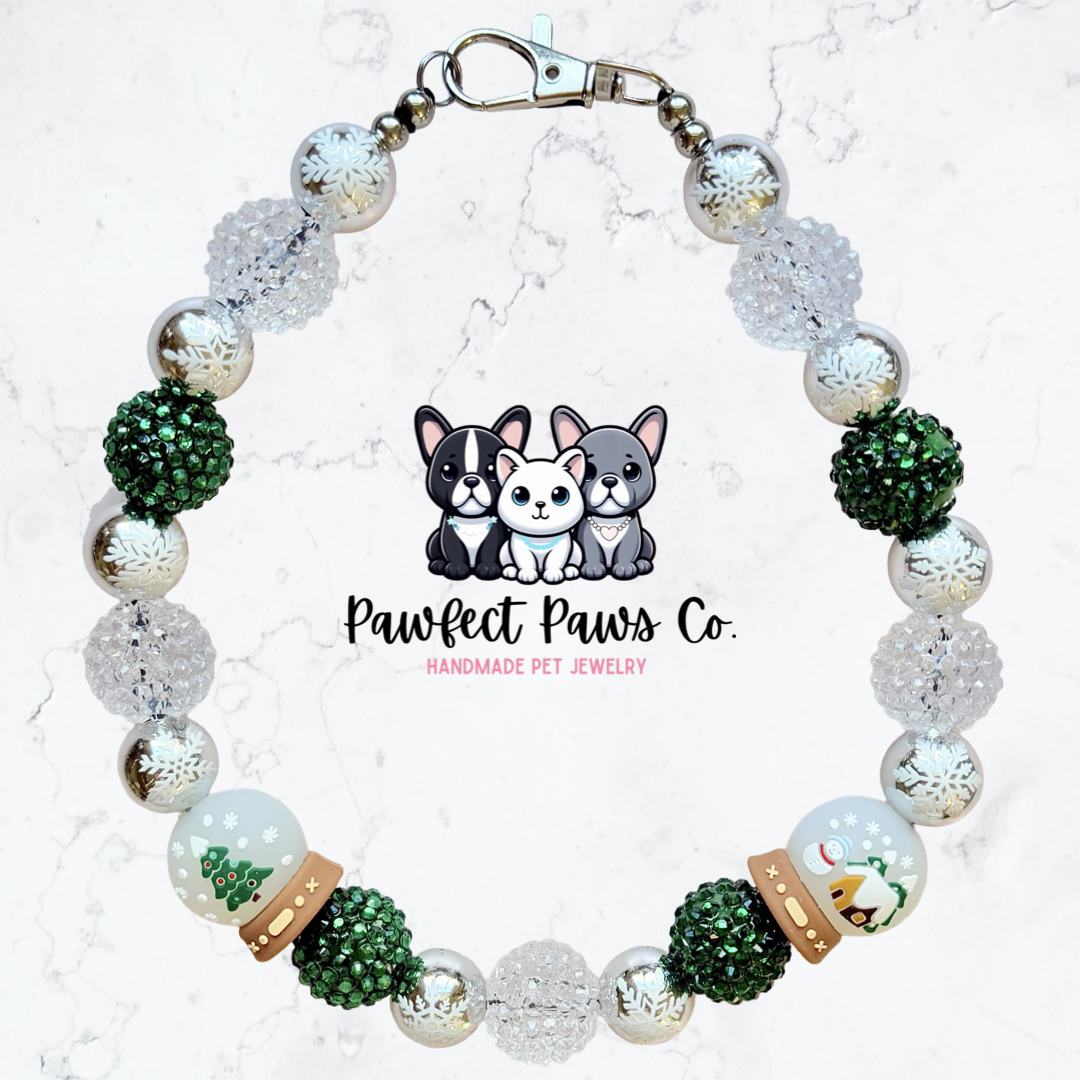Snow Pretty* Silver & Green Sparkle Reversible SnowGlobe Custom Beaded Dog/Cat Necklace!