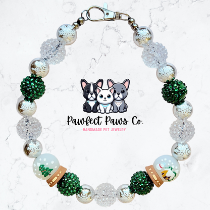 Snow Pretty* Silver & Green Sparkle Reversible SnowGlobe Custom Beaded Dog/Cat Necklace!
