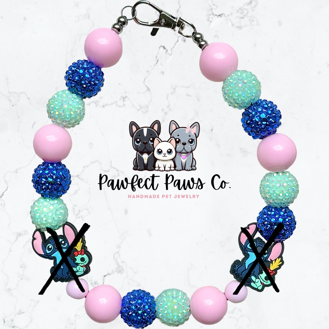 ¡Collar para perro o gato con cuentas personalizado Ohana* Hawaiian Stitch &amp; Scrump en color rosa, azul y verde azulado brillante!