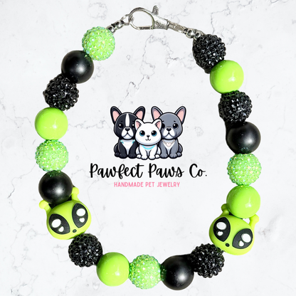 Earthling* Green & Black Sparkle Alien Custom Beaded Dog/Cat Necklace!