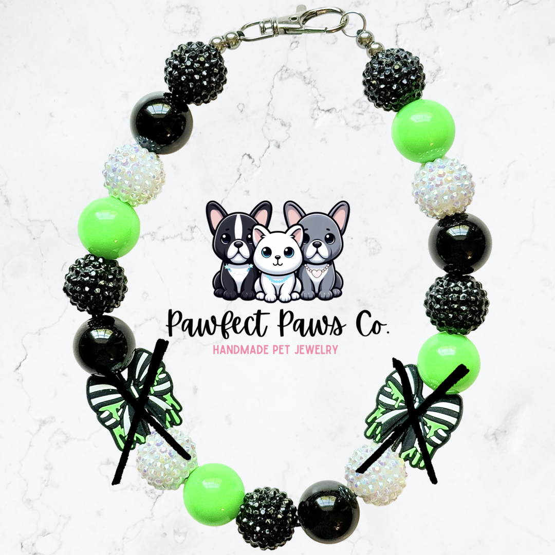Beetle Bows* Green, Black & White Sparkle Bow Custom Beaded Dog/Cat Necklace!