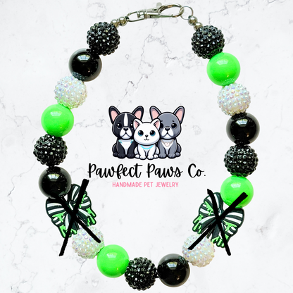 Beetle Bows* Green, Black & White Sparkle Bow Custom Beaded Dog/Cat Necklace!