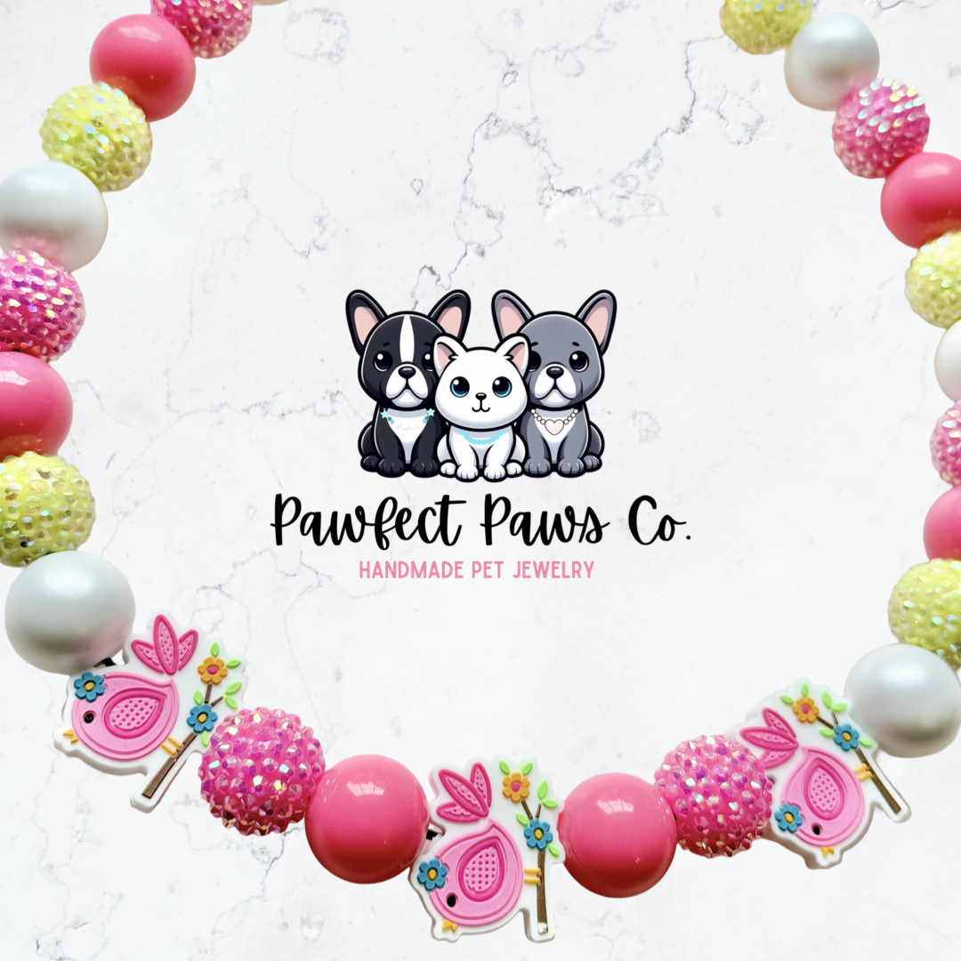 3 Little Birds* White, Pink & Yellow Sparkle Custom Beaded Dog/Cat Necklace for @TheMemphisCream’s Birthday Pawty!