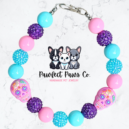 Paw de los Muertos* Pink, Purple & Blue Sparkle Sugar Skull Halloween Custom Beaded Dog/Cat Necklace!