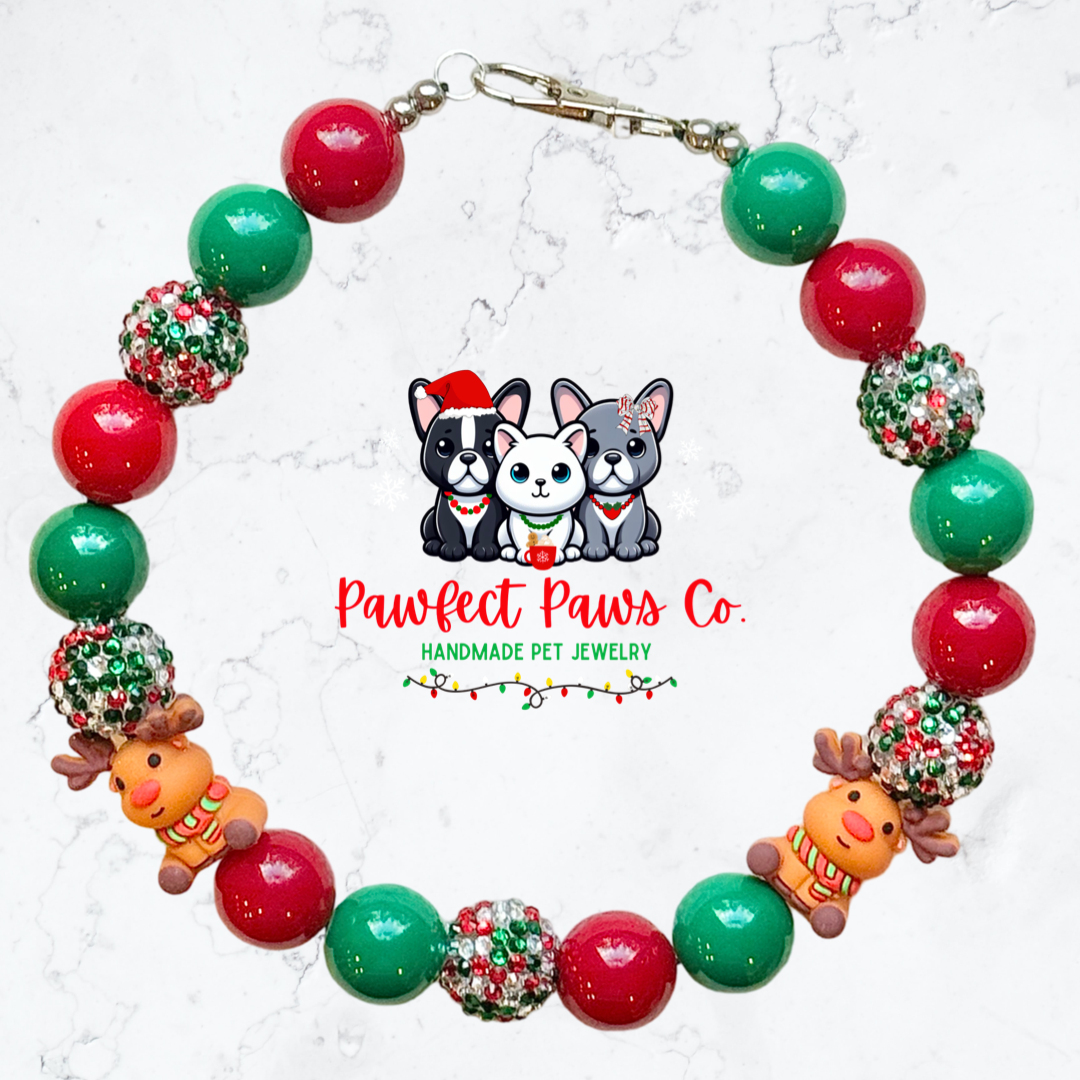 Oh Deer* Red and Green Sparkle Reindeer Custom Beaded Dog/Cat Necklace!