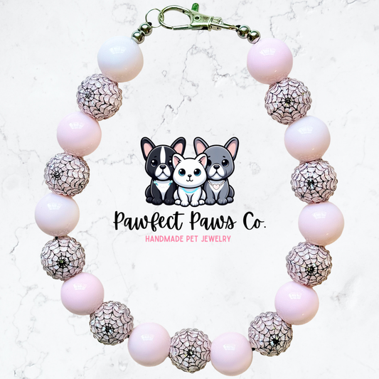 Pink Widow* Pink & Web Sparkle Halloween Custom Beaded Dog/Cat Collar Necklace!