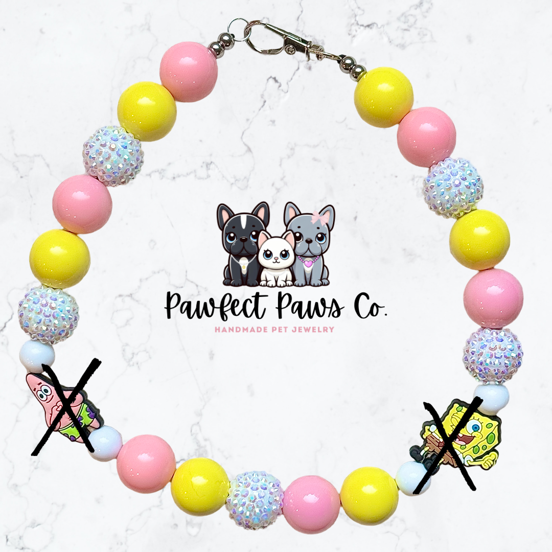 Bikini Bottom* Yellow, Pink & White Sparkle SpongeBob & Patrick Custom Beaded Dog/Cat Collar Necklace!