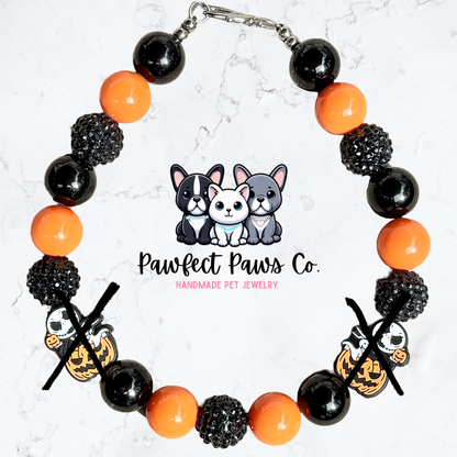 Pumpkin King* Black & Orange Sparkle Jack Halloween Custom Beaded Dog/Cat Necklace!