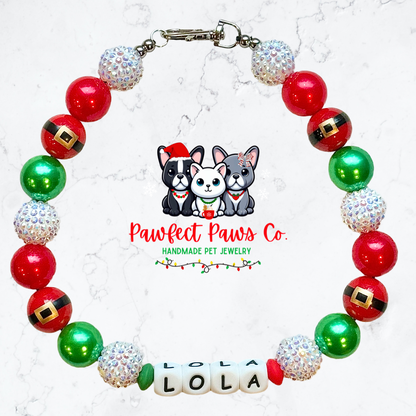 Santa’s Helper* Red, Green & White Sparkle Name Custom Beaded Dog/Cat Necklace!