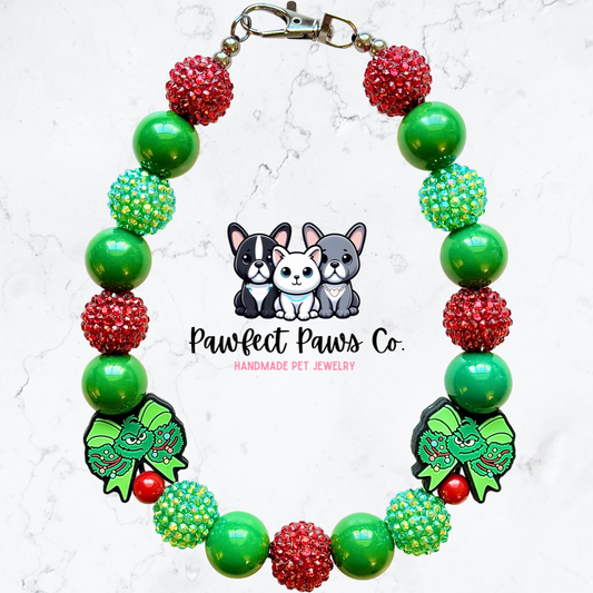 Grinchy Girly* Green & Red Sparkle Christmas Grinch Bow Custom Beaded Dog/Cat Necklace!