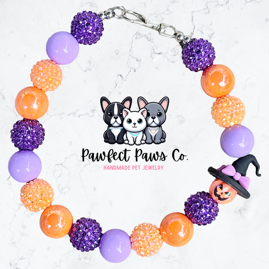 Witchy* Purple & Orange Sparkle Pumpkin Witch Halloween Custom Beaded Dog/Cat Necklace!