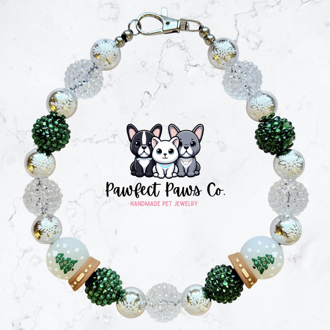 Snow Pretty* Silver & Green Sparkle Reversible SnowGlobe Custom Beaded Dog/Cat Necklace!
