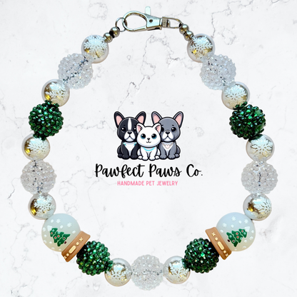 Snow Pretty* Silver & Green Sparkle Reversible SnowGlobe Custom Beaded Dog/Cat Necklace!