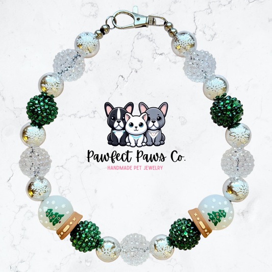 Snow Pretty* Silver & Green Sparkle Reversible SnowGlobe Custom Beaded Dog/Cat Necklace!