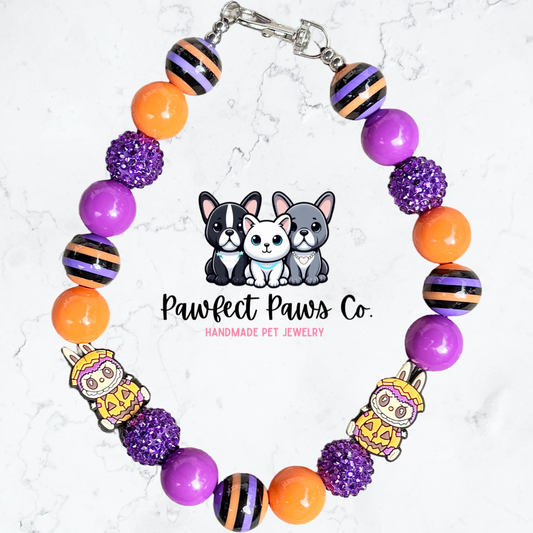 PumpkinBubu* Purple & Orange Sparkle Labubu Halloween Custom Beaded Dog/Cat Necklace!