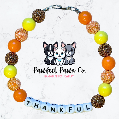 Thankful* Yellow, Brown & Orange Sparkle Thanksgiving Word Custom Beaded Dog/Cat Necklace