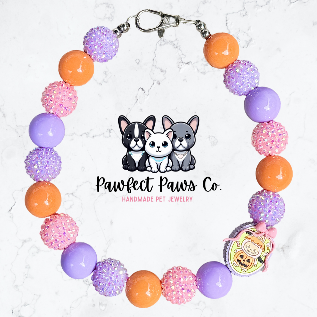 Spooky Labubu* Orange, Pink & Purple Sparkle Labubu Halloween Custom Beaded Dog/Cat Necklace! Choose from 3 styles!